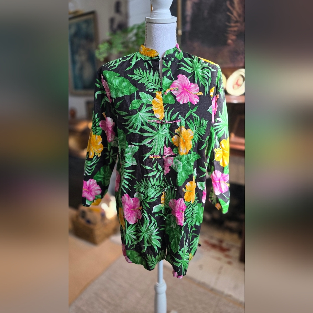 Ralph Lauren Sz M Tropical Hibiscus Floral Asian Long Linen Tunic Shirt Top